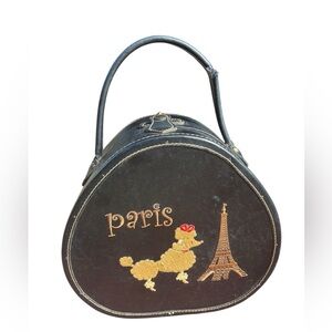 Vintage Hat Box, Tote, Poodle & Eiffel Tower, Hard Shell, Leather Bound, Lined